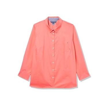 Imagem de Tommy Hilfiger Camisa feminina de botão de manga comprida com gola e bolso no peito, Sherbet, 1X