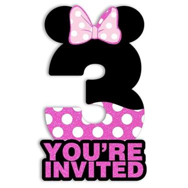 Imagem de pertnate Mouse 3rd Birthday Party Convitations Girl Pink Glitter Mouse 3 anos de idade Convites em forma de aniversário com envelopes, conjunto de 20