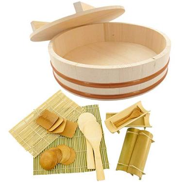 Imagem de BambooMN 40 cm Hangiri Sushi Oke Oke Mistura de Arroz com Tampa, 19 Peças Fazendo Kit de Acessórios de Porção