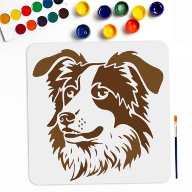Imagem de MAYJOYDIY Estêncil de pintura de animal de estimação de cachorro grande Sheepdog 11,8 × 11,20 cm com pincel de tinta, modelo reutilizável de cabeça de cão pastor para decoração de móveis de parede de