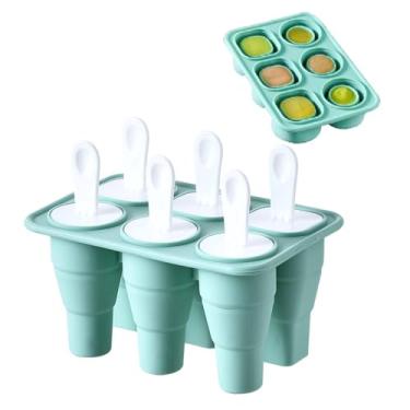Imagem de YOUDRN Atualização de bandeja de sorvete 2 em 1, moldes de picolé dobráveis, bandejas de cubo de gelo 6 peças moldes de silicone para cubo de gelo livre de BPA molde de sorvete reutilizável fácil liberação forma de picolé, verde