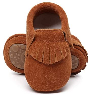 Imagem de HONGTEYA Mocassins de couro para bebês e bebês com sola rígida e borla, Camurça marrom escuro, 18-24 Months Infant