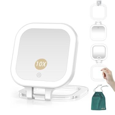 Imagem de Mocado Espelho compacto de maquiagem para viagem, espelho de ampliação 1X/10X com luz, espelho compacto de dois lados com luz de 3 cores, espelho portátil regulável, carregador de viagem para bolsa