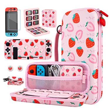 Imagem de GLDRAM Conjunto de estojo de transporte de morango rosa para acessórios Nintendo Switch, kit de capa de viagem bonito com capa de TPU macia, capa de jogo, protetor de tela de vidro, bonés de aperto de polegar, alça de ombro para meninas