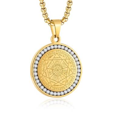 Imagem de Yaumatea Colar com pingente de sete arcanjos para homens e mulheres proteção amuleto arcanjo Michael moeda colar com pingente Gabriel Uriel colar de medalha espiritual de aço inoxidável 61 cm, 24