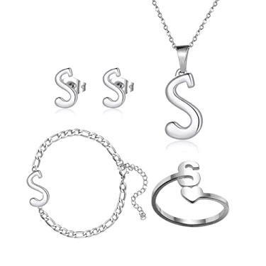 Imagem de Loqimu Pacote com 4 conjuntos de joias iniciais de aço inoxidável para mulheres, anéis de prata, pulseiras, brincos com pingente, colar, gargantilha maiúscula, corrente, brincos de orelha, presente