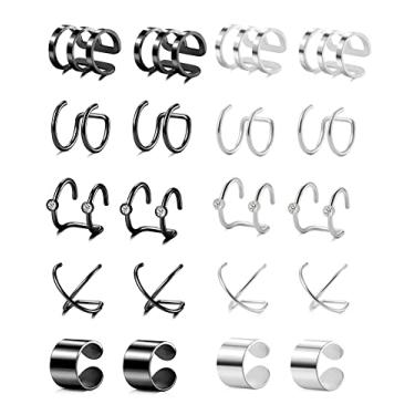 Imagem de Tornito 4 a 10 pares de brincos de aço inoxidável para cartilagem de hélice com clipe para nariz, piercing falso ajustável (F1: 10 pares, tom prata e preto)