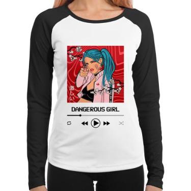 Imagem de Baby Look Raglan Dangerous Girl Manga Longa - Foca na Moda, Branco, Pr