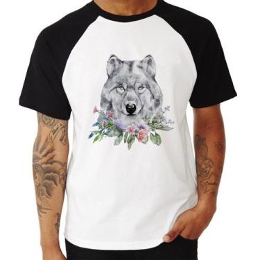 Imagem de Camiseta Raglan Lobo e Flores - Foca na Moda, Branco, Preto, M