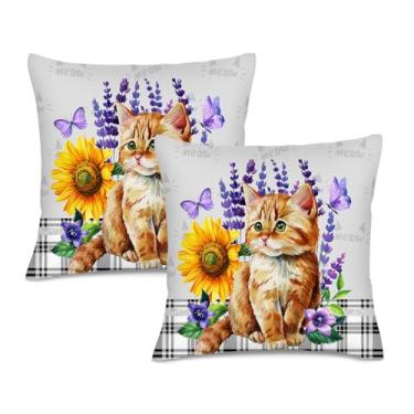 Imagem de HIKENVIU Lindas capas de almofada de gato 45,7 x 45,7 cm, conjunto de 2 fronhas decorativas de girassol para sofá-cama, sofá, sala de estar, decoração de verão, presentes para gatos que amam mulheres