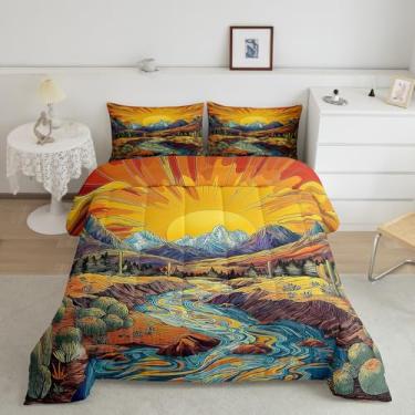 Imagem de Conjunto de edredom com estampa abstrata de rio da montanha, cacto, planta tropical, para decoração de quarto de crianças, meninos, meninas, natureza, arte abstrata, conjunto de colcha com 2 peças,