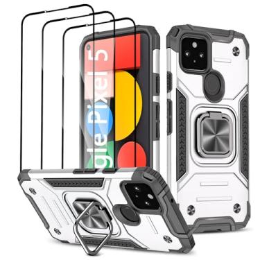 Imagem de Capa para Google Pixel 5 com 3 peças, protetor de tela de vidro temperado, suporte magnético integrado de nível militar, camada dupla, híbrida, à prova de choque, Aromr resistente, capa para Google