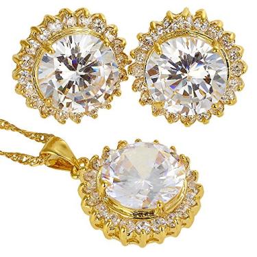 Imagem de [RIZILIA BLOSSOM] Conjunto de pingente de joias com corrente de 45,72 cm e brincos de corte redondo CZ [5 cores disponíveis] banhado a ouro amarelo, simples moderno elegante, Pedra preciosa Metal, Zircônia cúbica