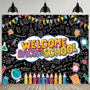 Imagem de Fanghui 2,1 x 1,5 m preto Welcome Back to School Pano de fundo temático para sessão de fotos bonito desenho animado lápis bunting globo decoração decoração adereços crianças o primeiro dia de escola