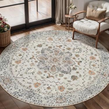 Imagem de Tangsoo Tapete redondo vintage, tapete circular lavável de 1,2 m, antiderrapante, pequeno, boho, tapetes circulares de pelo baixo, tapete redondo para quarto, entrada, berçário, dormitório, cozinha