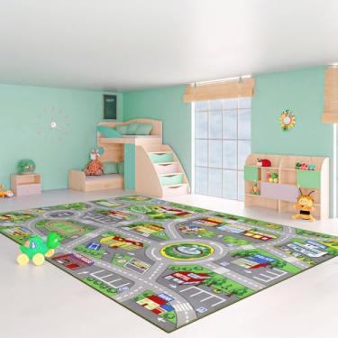 Imagem de Tapete infantil 1,80 m x 2,8 m Tapete de área de vida urbana carro mapa da cidade lavável trânsito estrada educacional tapete de berçário para crianças sala de estar, quarto, sala de aula, decoração