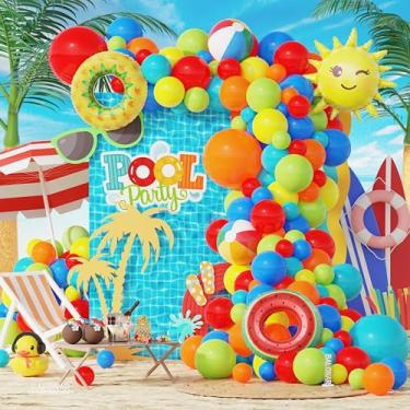 Imagem de Pool Party Decorations Birthday Supplies Splash Tropical Balloon Garland Arch Kit with Beach Ball Watermelon Pineapple Swimring Balloons for Hawaii Holiday Outdoor Pool Summer Theme Party Decortions