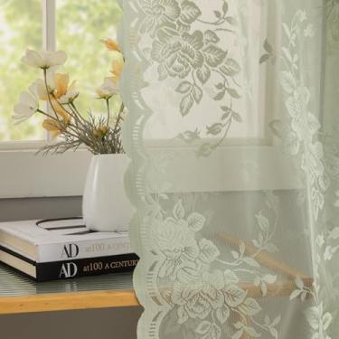 Imagem de Cortinas de cozinha de renda verde sálvia 137 cm de comprimento, 2 painéis, padrão floral, cortinas curtas transparentes para quarto, lavanderia, filtragem de luz, boho, janela pequena, tratamentos