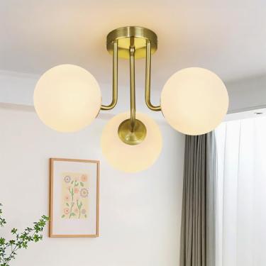 Imagem de FDPBY Luminária De Teto Moderna Dourada De 3 Luzes Com Cúpula De Vidro Branco Globo, Luminária De Teto Semi-Embutida De Meados Do Século, Lustres Sputnik Para Quarto, Sala De Estar, Sala De Jantar,