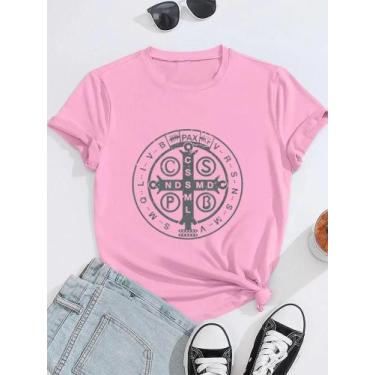 Imagem de Camiseta Feminina Católica com Medalha de São Bento - Gola Redonda - E