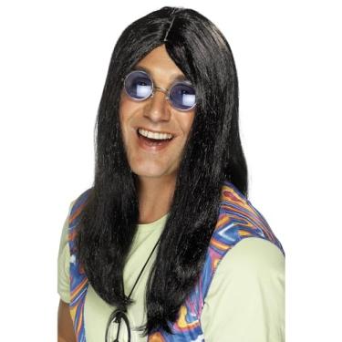 Imagem de Peruca Neil Hippy masculina Smiffy's com divisão lateral, Preto, tamanho nico