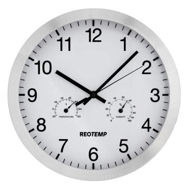 Imagem de REOTEMP Relógio de parede de 30 cm com temperatura e umidade, moldura de alumínio de metal escovado