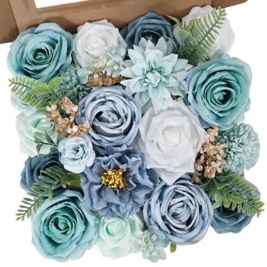 Imagem de Luckinds Conjunto de caixa de flores artificiais, buquê de flores verdes e azuis para casamentos, arranjos de centro de mesa, decorações de festa para chá de panela, flores falsas para casa