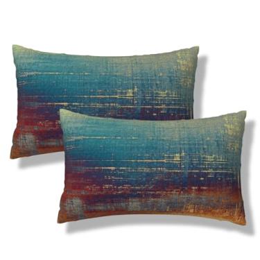 Imagem de LIBIFALL Capas de almofada abstrata azul e laranja para lombar, conjunto de 2 x 50 cm, com pintura de ferrugem, vintage, quadrada, fronhas decorativas para sofá-cama