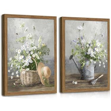 Imagem de 2 pacotes de arte de parede em tela floral linda margarida branca e flores em tela impressão vintage fazenda imagem decoração pintura para sala de estar, quarto e escritório, 30,5 x 40,6 cm, sem