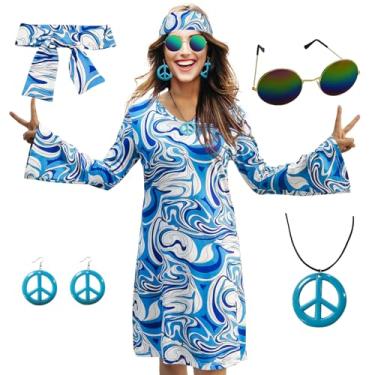 Imagem de MRYUWB Fantasias hippie dos anos 70, colar, brincos, óculos de sol, roupa de discoteca, fantasia de festa dos anos 60, vestidos retrô de Halloween (azul, grande)