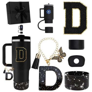 Imagem de Miglaja Acessórios pretos para copos Stanley 850.5 g 1,134.0 g, todos os acessórios caixa de presente contêm topo de palha de flor, bota de silicone, adesivos de letras e pingentes, conjunto de tampa