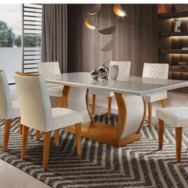 Imagem de Conjunto Sala De Jantar Mesa Luanda 180x80cmtampo Vidro/mdf Canto Reto Com 6 Cadeiras Luanda Rufato Off White/imbuia