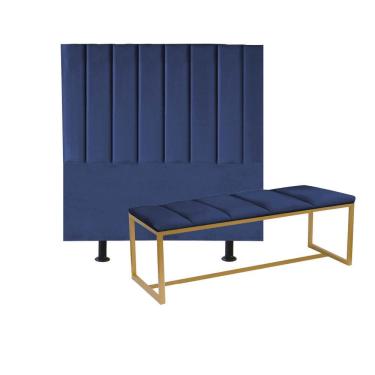 Imagem de Kit Cabeceira Carla E Calçadeira Industrial 100cm Solteiro Box Ferro Dourado Sintético Azul Marinho