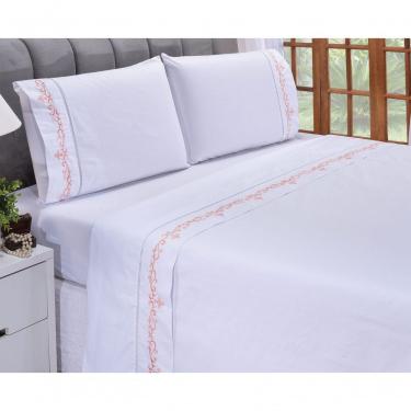 Imagem de Jogo Lençol Imperial Quarto Casal Queen Bordado 4 Peças 2fronha Cor: Branco Com Salmão