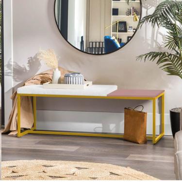 Imagem de Banco Recamier Puff 195cm Industrial Dourado Suede Branco Tampo Quadrado Mdf Rose