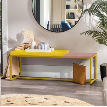 Imagem de Banco Recamier Puff 140cm Industrial Dourado Suede Amarelo Tampo Quadrado Mdf Rose