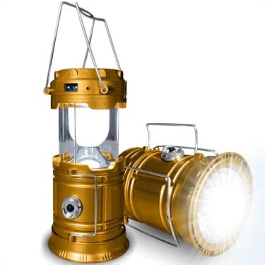 Imagem de Lampião Retrô de Camping Lanterna LED 2 em 1 Recarregável com Luz Solar Luminária Portátil de Multiuso para Acampamento Pesca Trilhas com Carregador USB de Design Premium (Dourado)