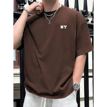Imagem de Camiseta Básica Oversized Masculina Estampada NY Malha 100 Algodão - H