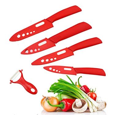 Imagem de NAN Wind Conjunto De 5 Facas Cerâmica, Afiadas Com Bainha, Faca Para Bife, Cozinha Vermelhas Cabo Antiderrapante, Inclui Chef 6", Utilitária 5", Vegetais 4", Descascar 3", Descascador Frutas 1".