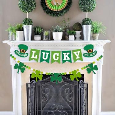 Imagem de HEEYA 2 Peças De Guirlanda Dia São Patrício - Bandeira Bola Pompom Verde, Chapéu Feltro, Trevo Da Sorte, Trevo, Decorações Para Festa Em Casa E Interior