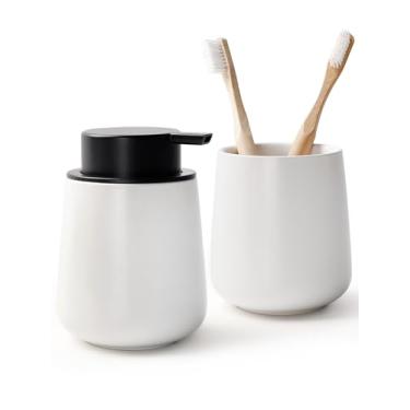 Imagem de BosilunLife Conjunto De Porta-Sabonete E Escova Dentes - Acessórios Banheiro Cerâmica Com Dispensador Espuma Branca Balcão