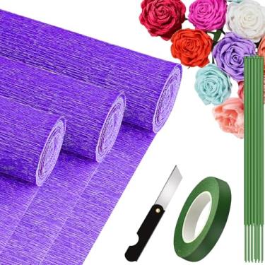 Imagem de VNAKER Rolo De Papel Crepom (24 Cm X 2,4 M/3 Rolos), Conjunto Grosso Multicolorido, Branco, Preto, Verde, Rosa Etc. Para Decoração Festa Aniversário, Casamento E Artesanato Faça Você Mesmo (Roxo)