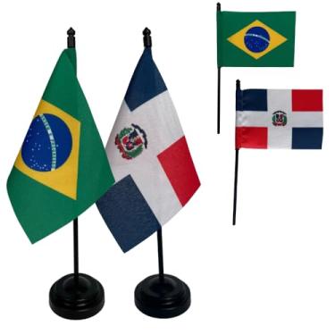 Imagem de Kit Bandeiras de Mesa Brasil e República Dominicana, Base e Haste em Plástico Preto, Tecido Oxford, Uma Face