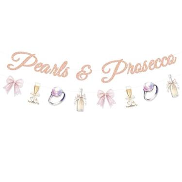 Imagem de Faixa de festa Pearls & Prosecco, letras brilhantes em ouro rosa pré-amarrado com decorações de champanhe para decoração de chá de panela