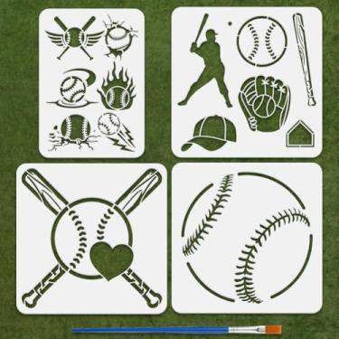 Imagem de FINGERINSPIRE 4 peças de estêncil de pintura de beisebol com pincel 2 tamanhos padrão de taco de beisebol modelo de desenho asas chamas rachaduras boné luva de apanhador estêncil para pintura em