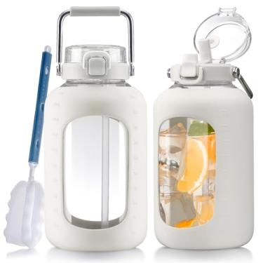 Imagem de WINSA Garrafas de água grandes de vidro com alça de aço inoxidável, garrafa de água de 2,8 litros com tampa de canudo 2 em 1, jarro de água de vidro de 3 litros com manga de silicone, boca larga