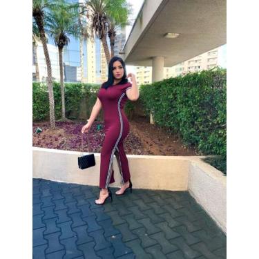 Imagem de Vestido feminino longo manga curta detalhe listra e fenda na lateral m