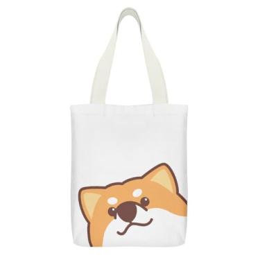 Imagem de Sacola com zíper de bolso interno para mulheres, linda carinha de cachorro shiba inu, reutilizável, resistente, sacolas de compras, tecido de algodão, lona, bolsa de ombro para academia, viagens