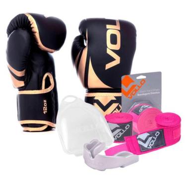 Imagem de Kit Boxe Muay Thai Luva 12Oz Dourado + Protetor Bucal + Bandagem Rosa 