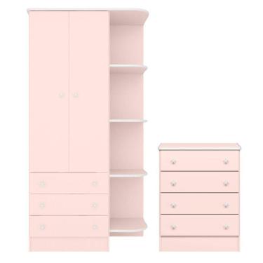 Imagem de Cômoda Com 4 Gavetas E Roupeiro Amesterdã Rosa Acetinado